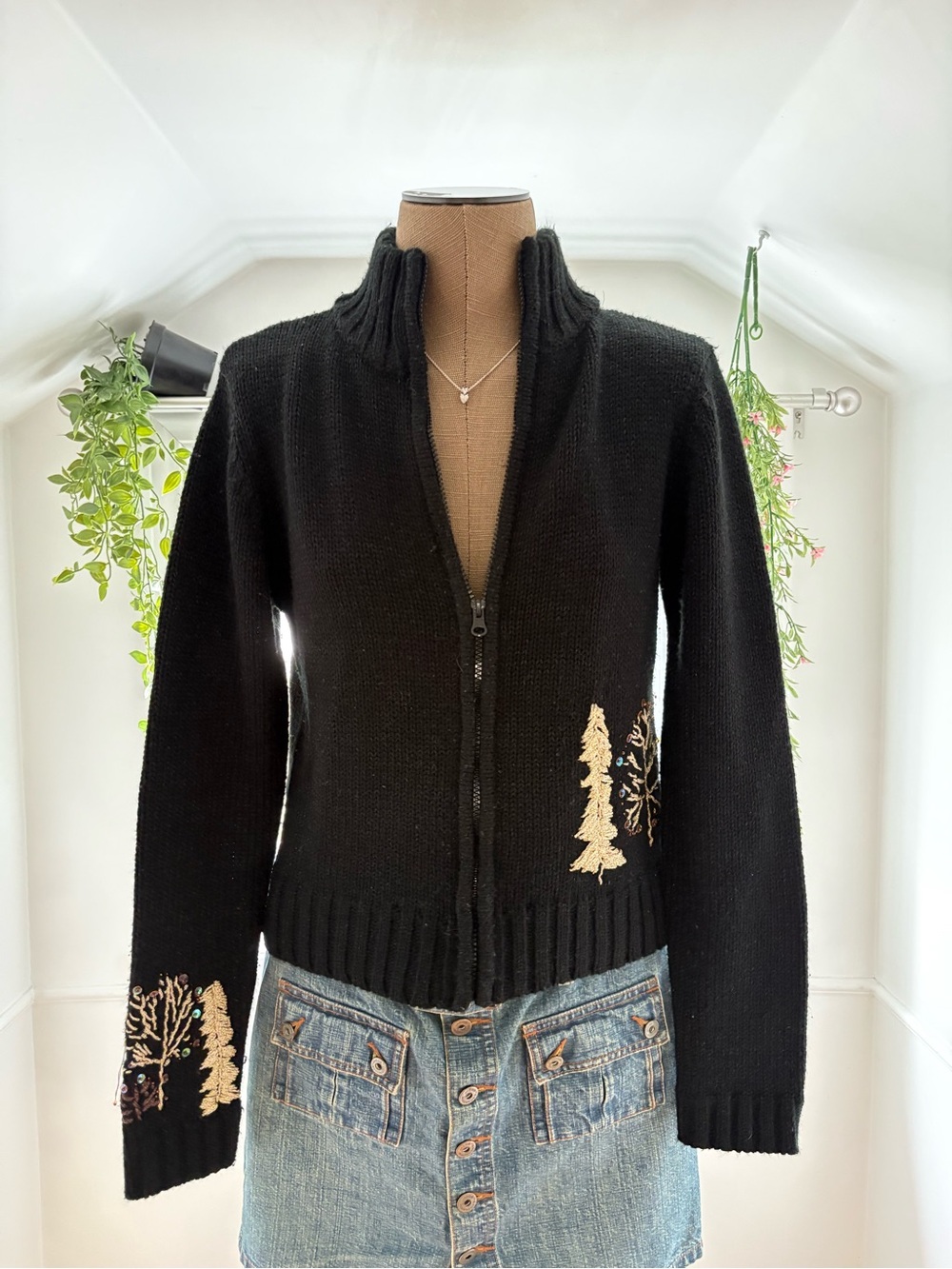 Black Zip-Front Women's Sweater with Embroidered Trees